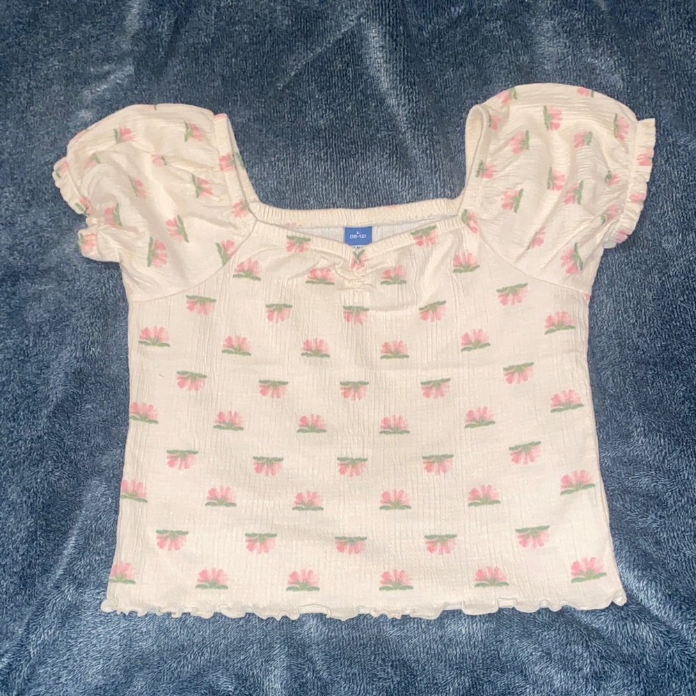 Old Navy Cream Blouse with Pink and Green Floral Pattern
